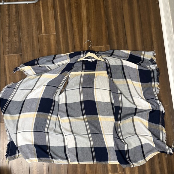 Plaid Open Front Shawl Navy White Plaid Frayed Hem Cardigan Fall Winter Y2K - Picture 3 of 8
